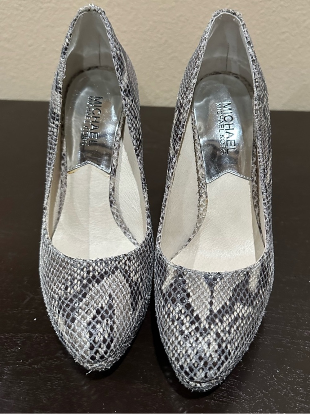 Michael Kors Snake-Print Pointed Toe Pumps in Gray and Black
